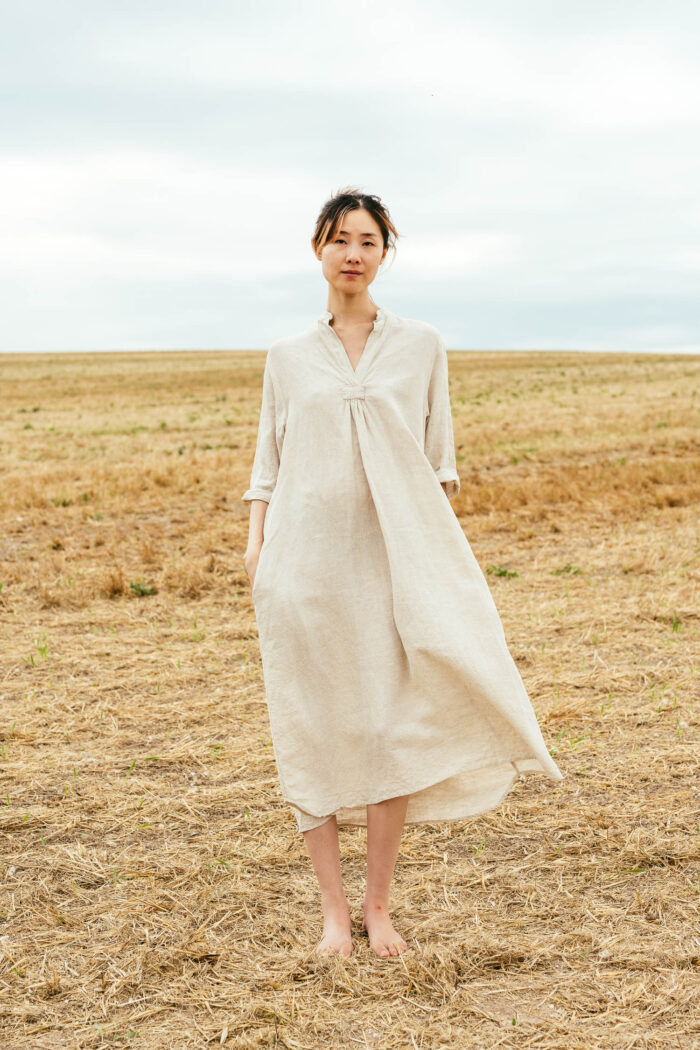 model wearing dewey dress sula A-line linen dress