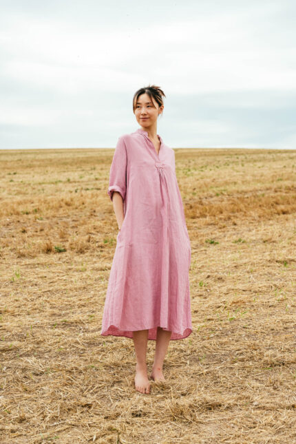 model wearing dewey dress sula A-line linen dress