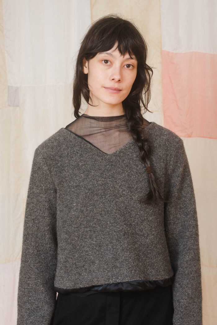 model wearing stornoway sweater sula Fluffy v-neck sweater