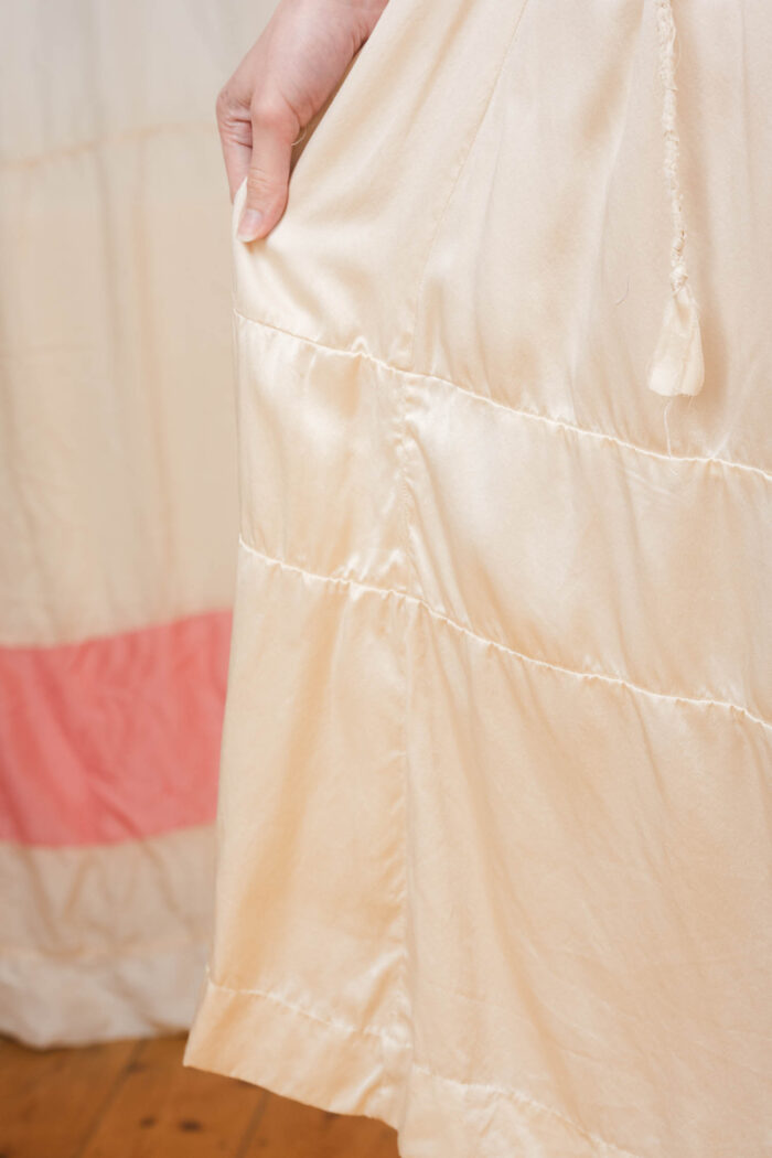 model wearing big satin skirt sula Long silk gathered skirt