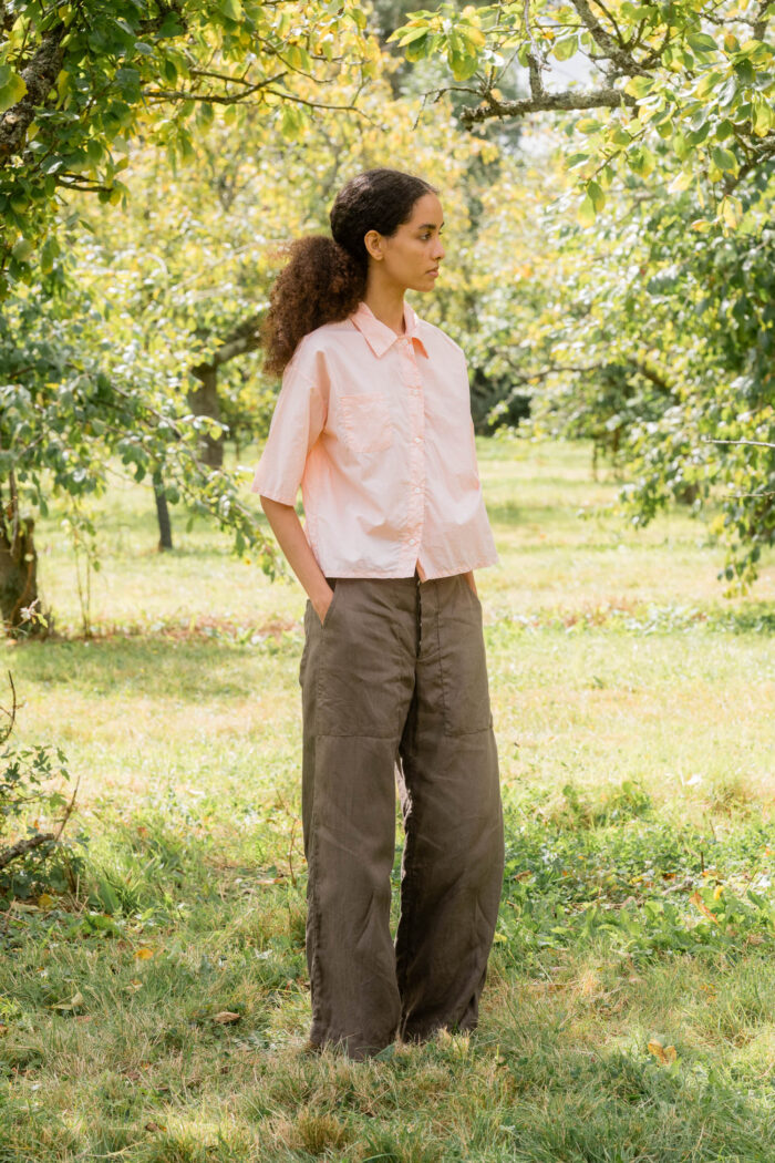 model wearing clean new shirt tiny check sula boxy check shirt