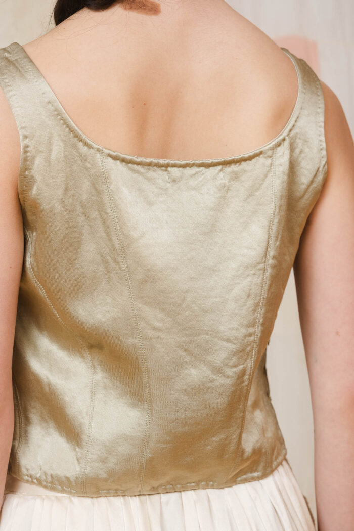 model wearing corset top sula Shiny panelled corset top
