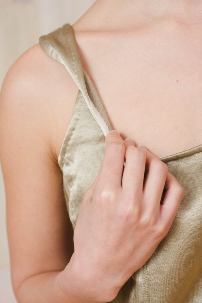 model wearing corset top sula Shiny panelled corset top