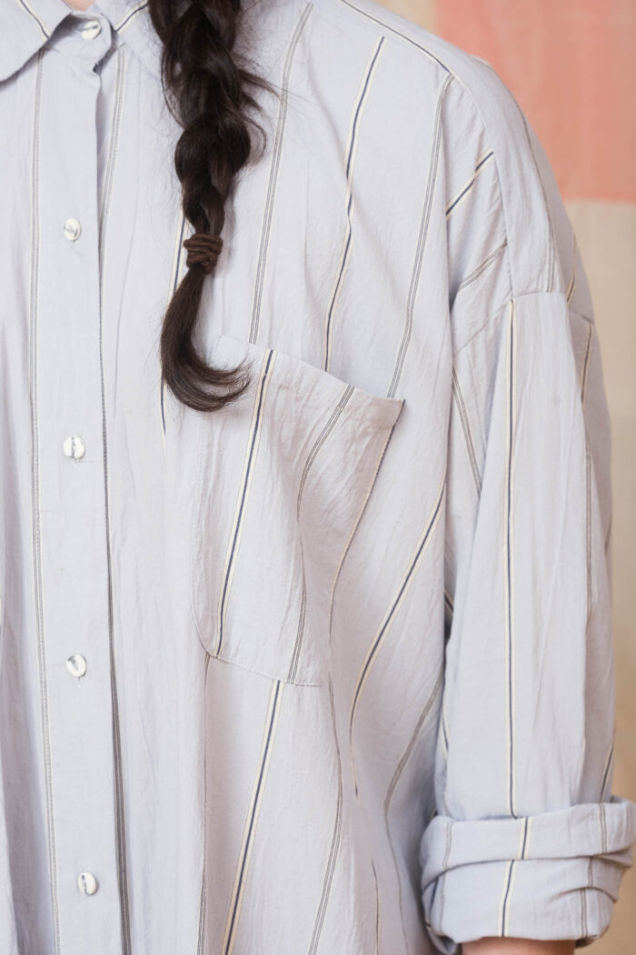 model wearing shirt dress sula Stripy big shirt dress