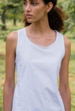 model wearing apron blouse