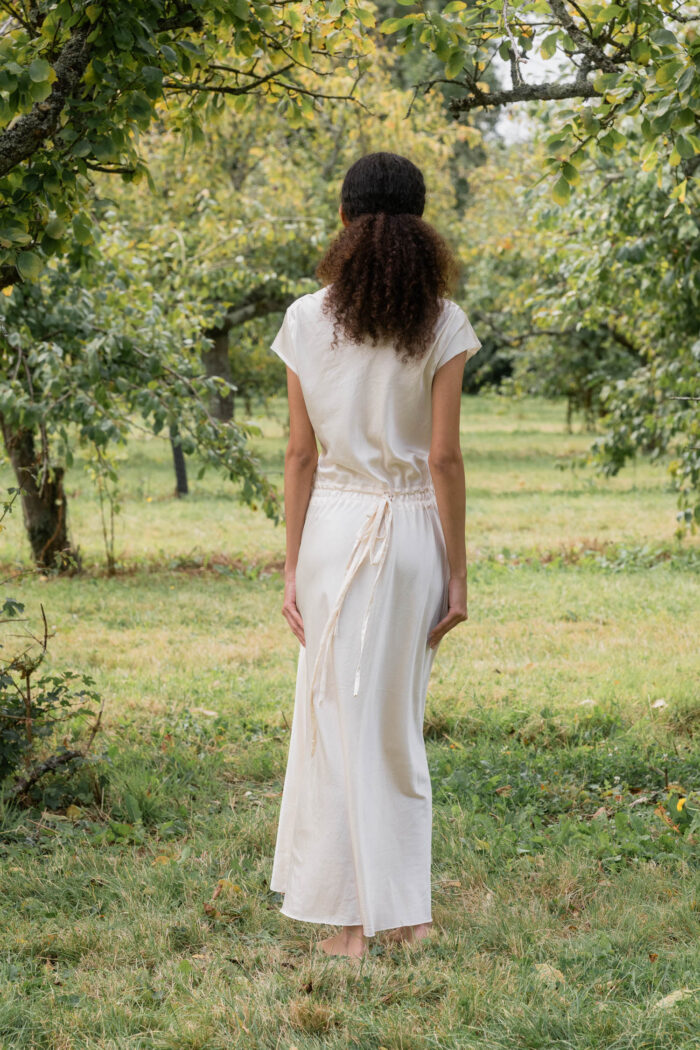 model wearing bias cut silk dress sula bias cut silk dress