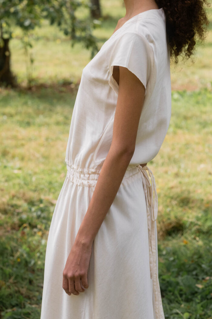 model wearing bias cut silk dress sula bias cut silk dress