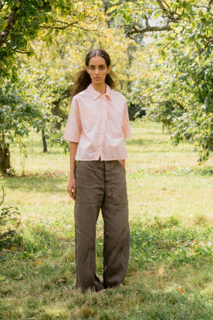 model wearing clean new shirt tiny check sula boxy check shirt