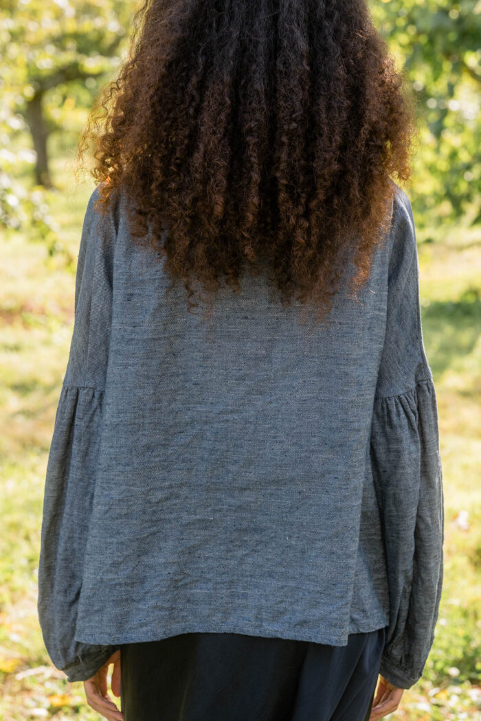 model wearing cloudy day jacket denim