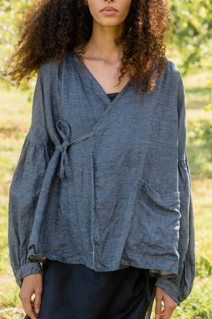 model wearing cloudy day jacket denim