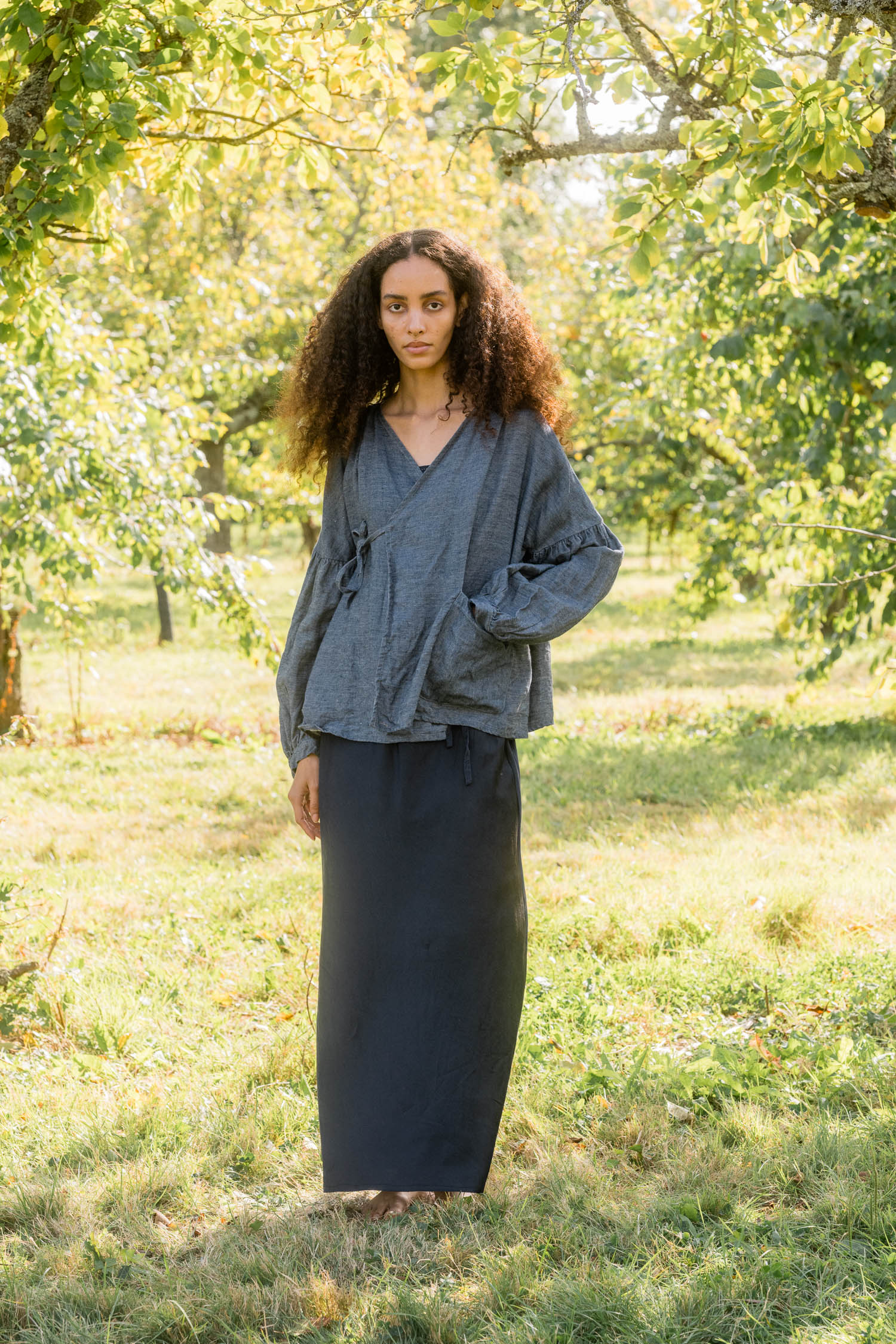 ss25 cloudy denim front model wearing cloudy day jacket denim