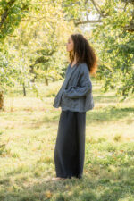 model wearing cloudy day jacket denim