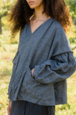 model wearing cloudy day jacket denim