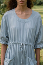 model wearing comfy pocket dress scs sula silk drawstring dress