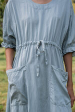 model wearing comfy pocket dress scs sula silk drawstring dress