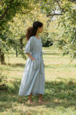 model wearing comfy pocket dress scs sula silk drawstring dress