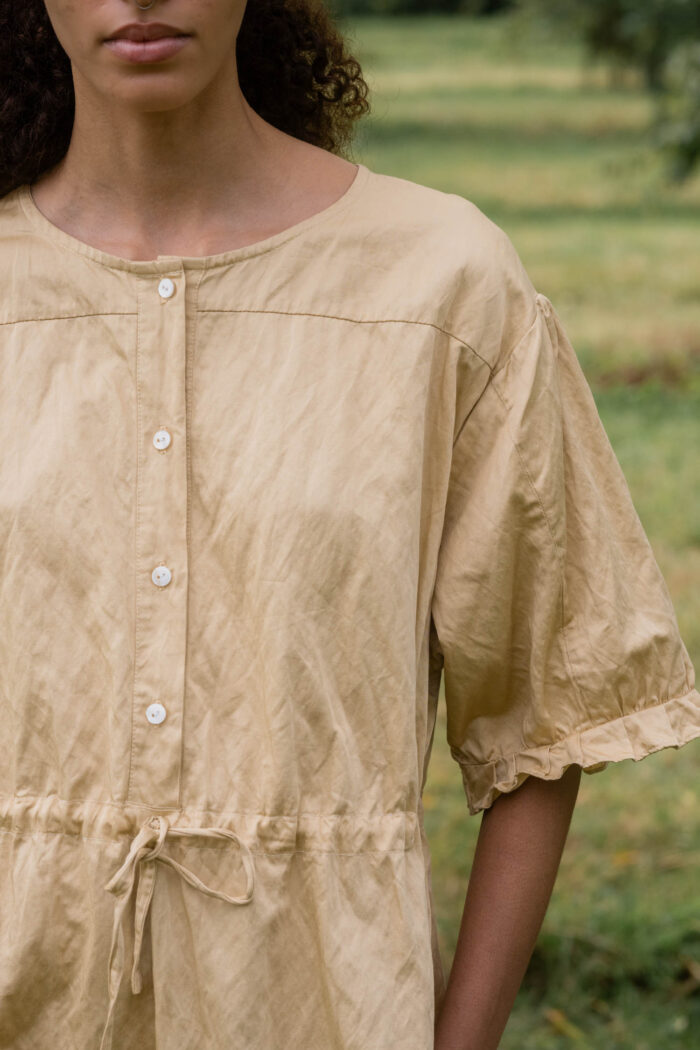 model wearing comfy yoke dress belice sula shirt waist dress
