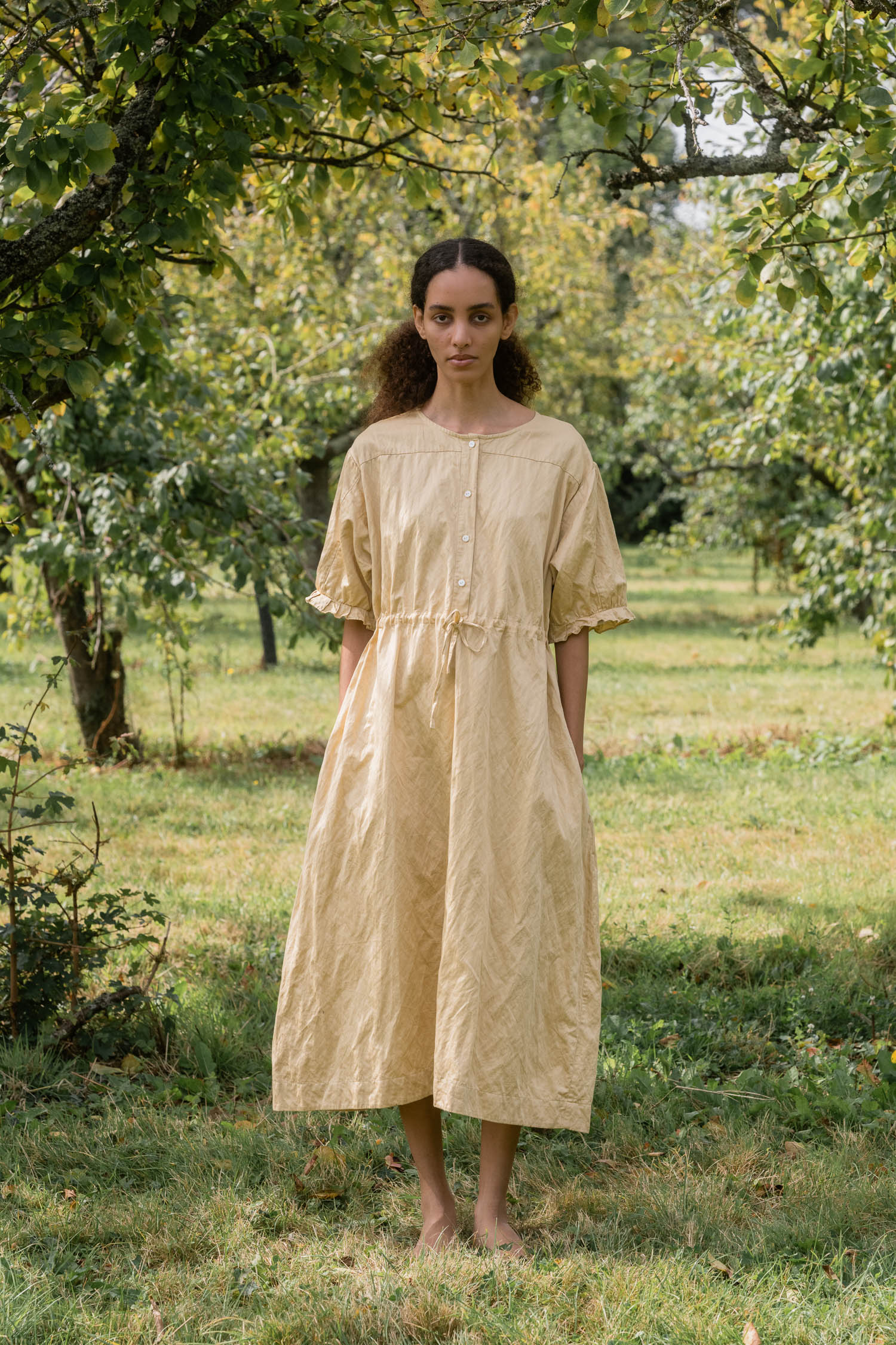 ss25 comfy yoke dress belice front model wearing comfy yoke dress belice sula shirt waist dress