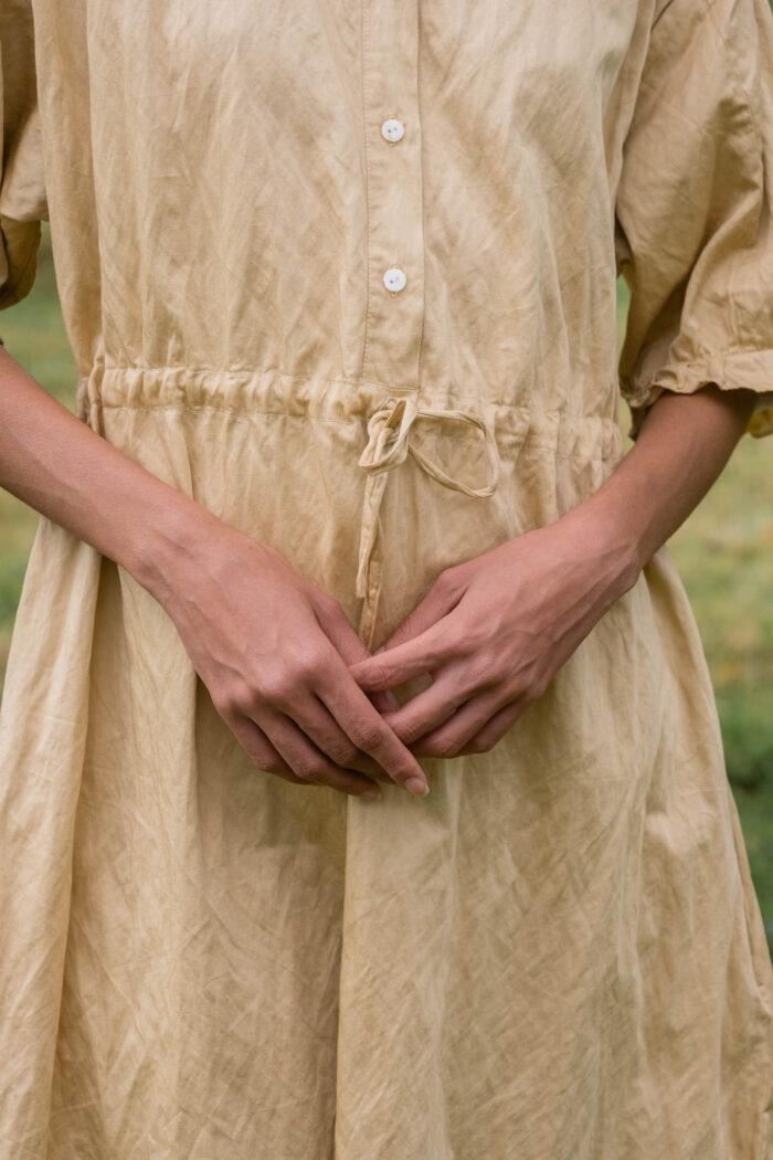 model wearing comfy yoke dress belice sula shirt waist dress