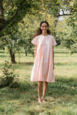 model wearing dolls dress tiny check sula a-line check cotton dress