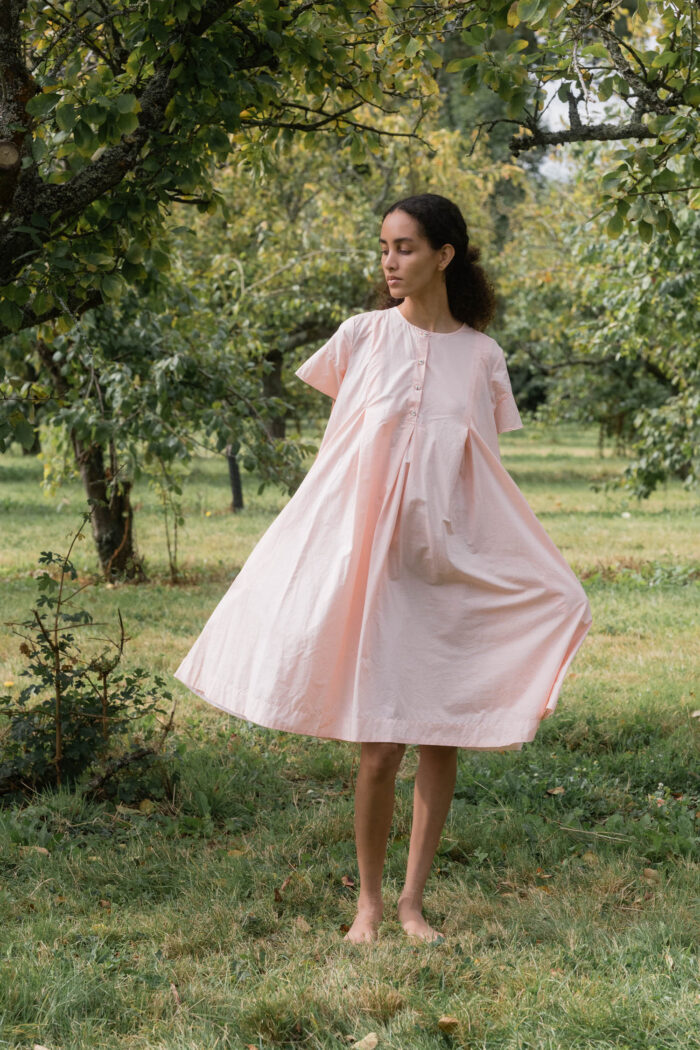 model wearing dolls dress tiny check sula a-line check cotton dress