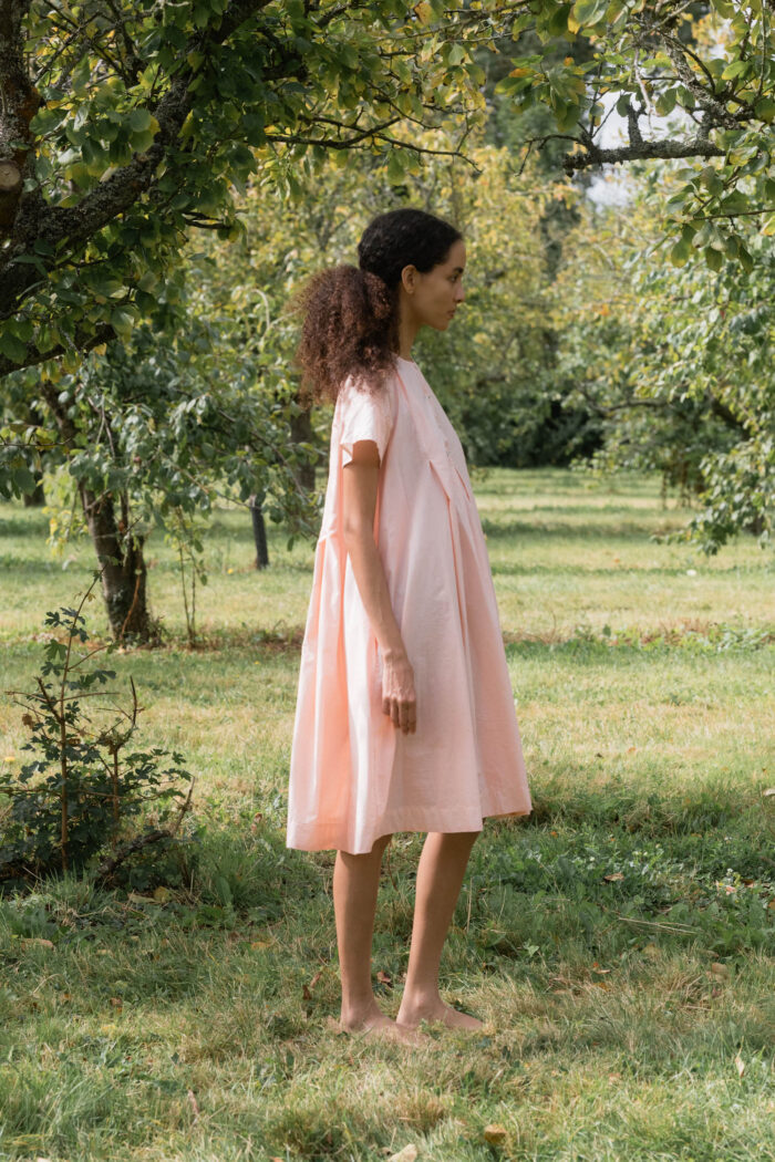 model wearing dolls dress tiny check sula a-line check cotton dress