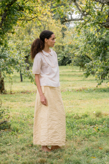 model wearing frill yoke blouse cotton voile