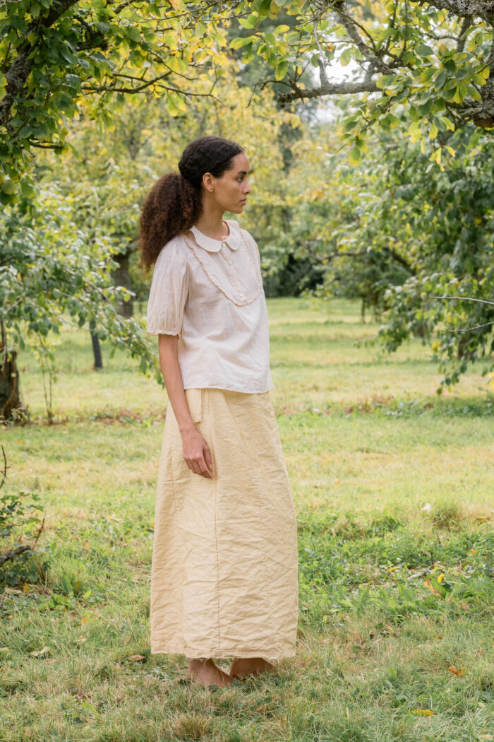 model wearing frill yoke blouse cotton voile