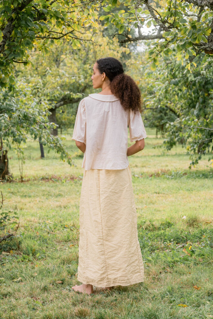 model wearing frill yoke blouse cotton voile
