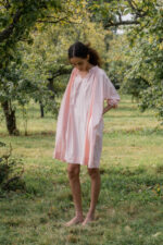model wearing gathered dress tiny check sula oversize check dress