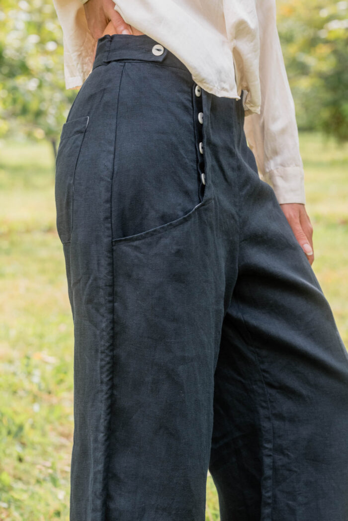 model wearing hem pants linen