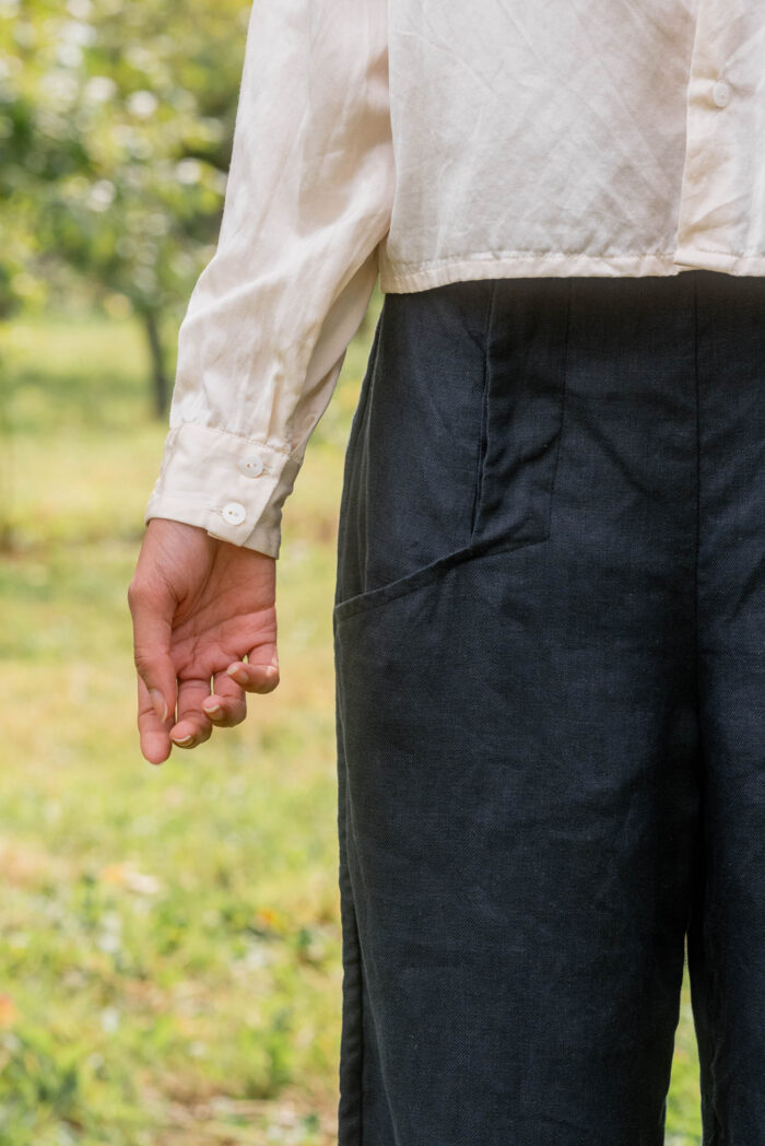 model wearing hem pants linen