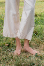 model wearing Japan pants silk cotton satin