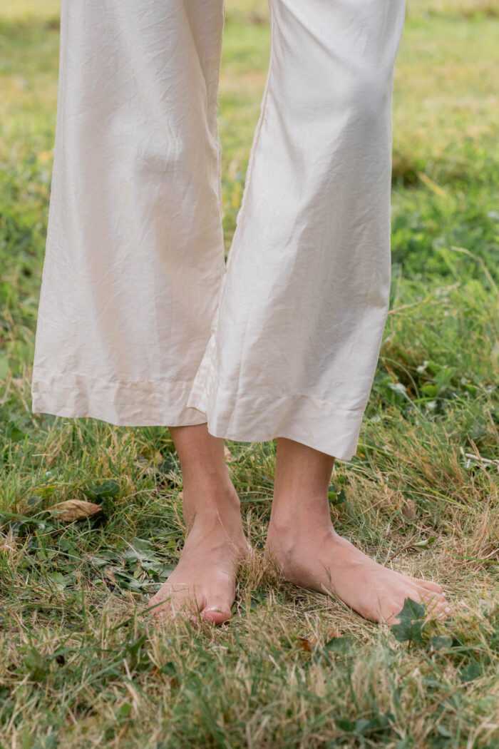 model wearing Japan pants silk cotton satin
