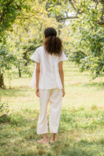 model wearing Japan pants silk cotton satin