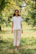 model wearing Japan pants silk cotton satin