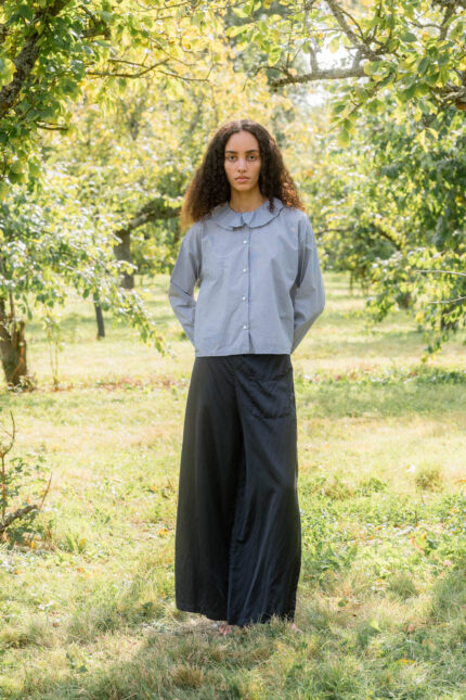 model wearing mud pants silk cotton satin