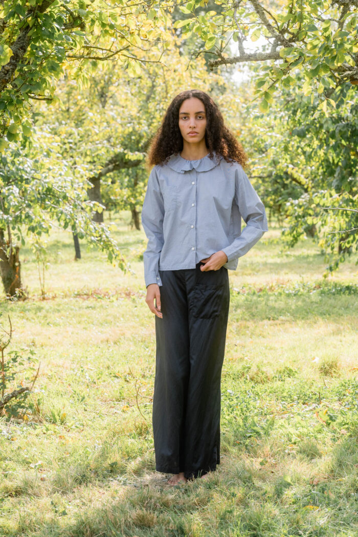 model wearing puckered collar shirt tiny check