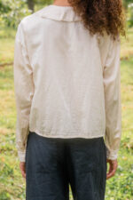 model wearing round collar blouse silk cotton satin