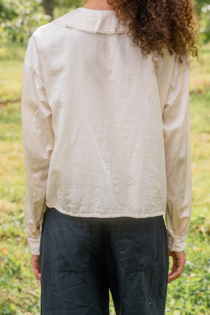 model wearing round collar blouse silk cotton satin