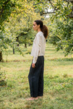 model wearing round collar blouse silk cotton satin