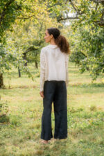 model wearing round collar blouse silk cotton satin