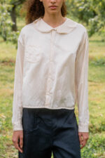 model wearing round collar blouse silk cotton satin