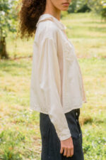 model wearing round collar blouse silk cotton satin