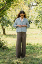 model wearing stanly jacket linen sula linen tiny blazer
