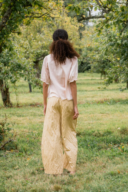 model wearing sweet blouse silk cotton satin