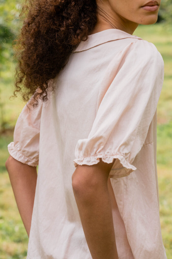 model wearing sweet blouse silk cotton satin