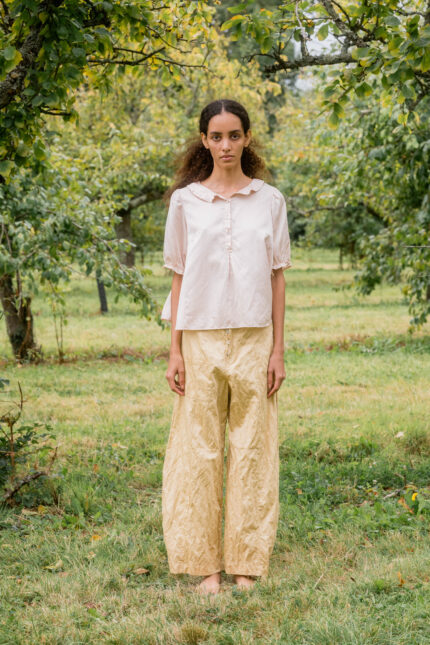 model wearing sweet blouse silk cotton satin