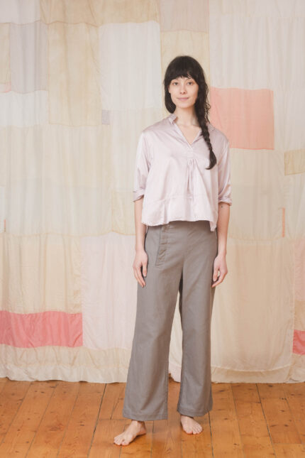 model wearing sunny shirt sula Satin comfy blouse and cp pants