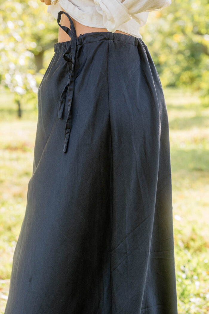 model wearing bias cut skirt long silk cotton satin